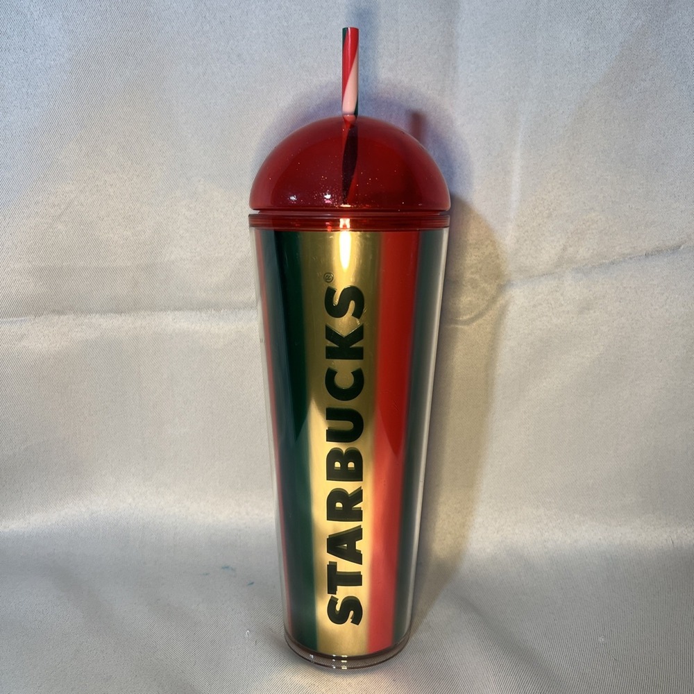 Starbucks 2024 Metallic Red Green Gold Stripe Dome Cup Limited Edition
